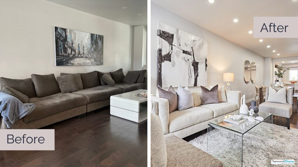 Right side shows home that is lived in and the right shows a modern space ready to list on the market of the same room but staged