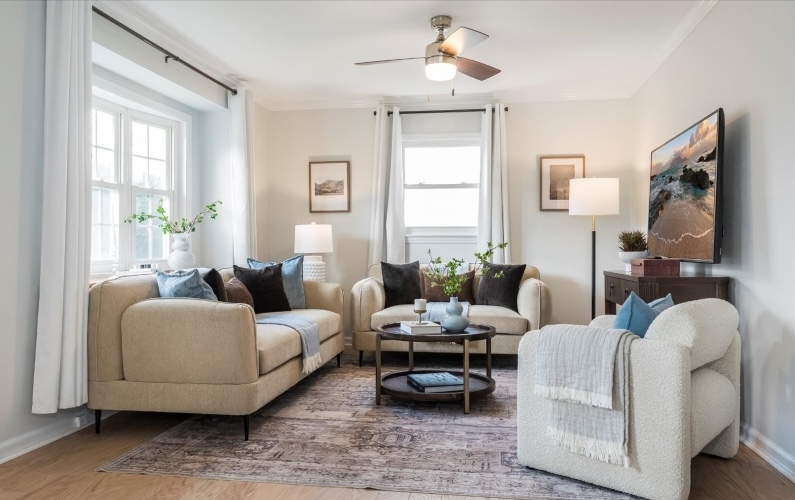 Professionally New Jersey home stagingliving room by CHC in a Bloomfield, New Jersey home featuring neutral furniture, modern styling, and strategic layout design that helped the property sell over asking price