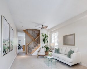 Aurora Ontario entryway and living room staged by Lori Pedersen Home with client’s own furniture.