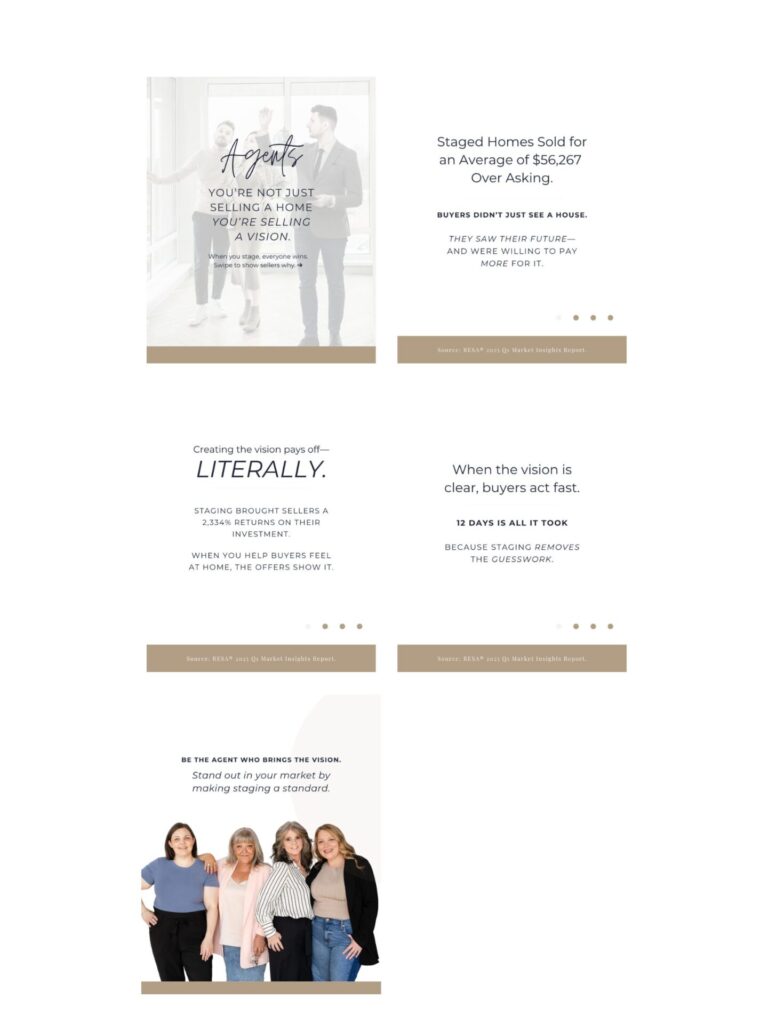 Preview of home staging Canva templates from the RESA July 2025 Marketing Deck, featuring customizable social media graphics with staging ROI statistics. Alternative canva template