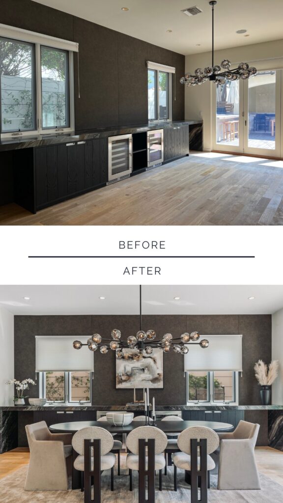 Award-winning dining room staged by Maria Kirkpatrick of MAK Staging & Design, featuring a modern black chandelier, rounded dining chairs, and abstract wall art. Winner of the 2025 RESA® Home Staging Industry Award for Vacant Staging Project – USA.