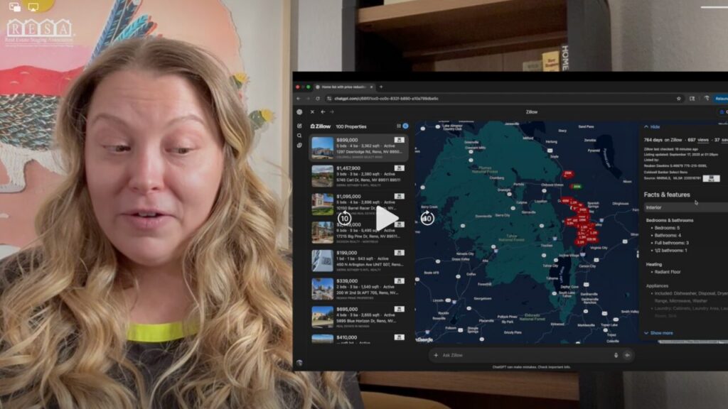 Felicia Pulley from the Real Estate Staging Association® demonstrates the ChatGPT Zillow integration for home stagers, showing how the new feature can search real property listings and identify vacant homes or price-reduced listings in Reno, Nevada.