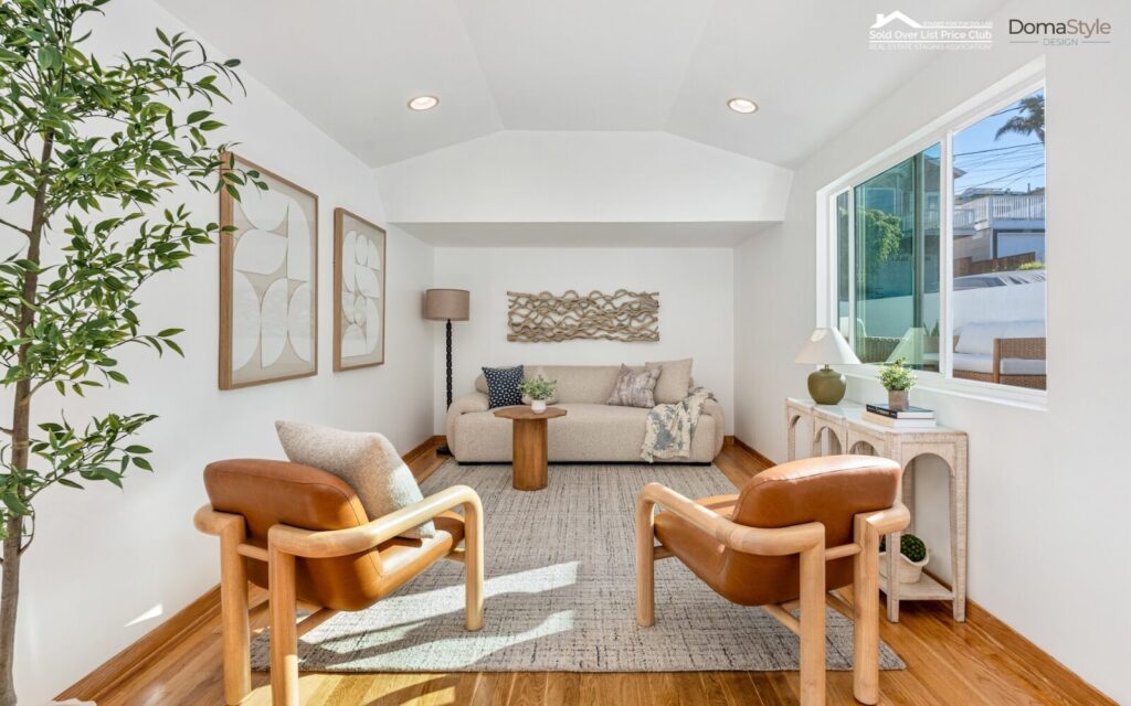 Hermosa Beach home staging showcasing a staged living room designed to help the property sell over list price. RESA Stager DomaStyle Design.