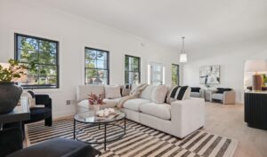 Professionally staged modern living room by RESA stager CHC in New Providence Boro, New Jersey featuring contemporary furniture, open layout styling, and neutral design elements that enhanced buyer appeal and online listing presentation.